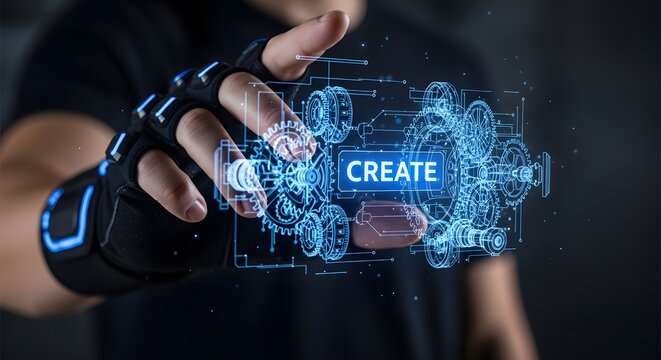 Futuristic man touching holographic create button with advanced technology in dark setting