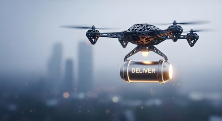 Drone delivering package in urban environment modern logistics and technology concept