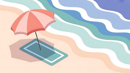 Stylized beach scene with umbrella towel and calm ocean waves illustration