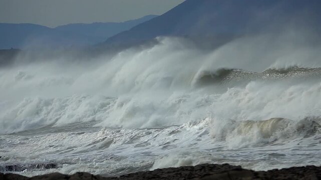 ocean big wind waves, sea spray foam