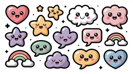 Fototapeta premium Cute Cartoon Character Set Featuring Hearts Stars Clouds and Rainbows