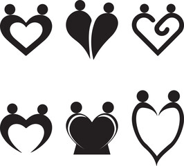 Love Heart Icons with People Figures - Romantic Relationship Symbol Set in Black and White Design