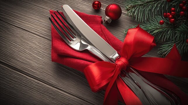 christmas table setting with silverware and a red napkin on a wooden background