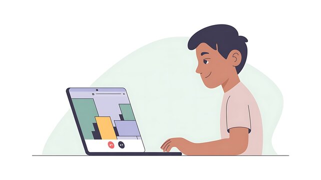 Boy using Laptop for online Communication remote Learning at Home - Powered by Adobe