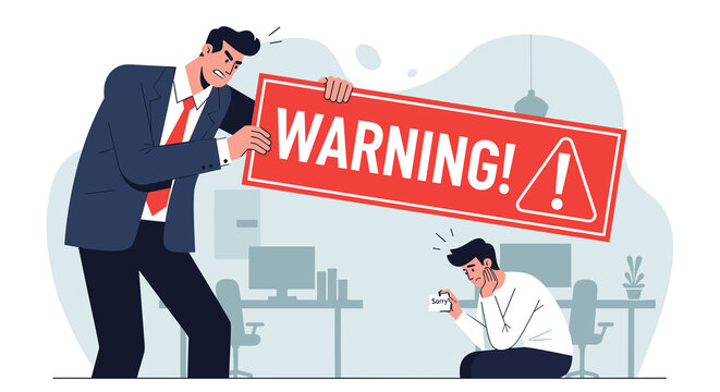 Employee receiving warning from manager in office, workplace discipline and interpersonal conflict