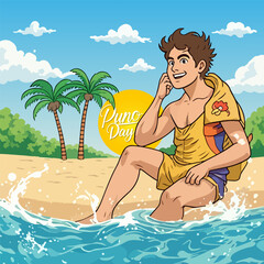 Beach man puno day, vector art illustration.