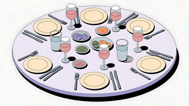 Elegant dining table setting for eight people celebration or gathering