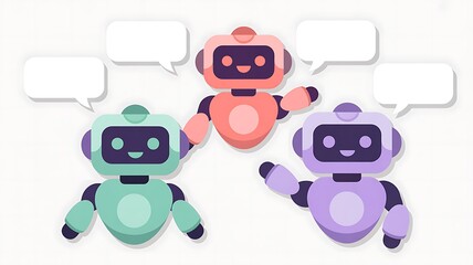 Three friendly robots chatting with blank speech bubbles vector illustration