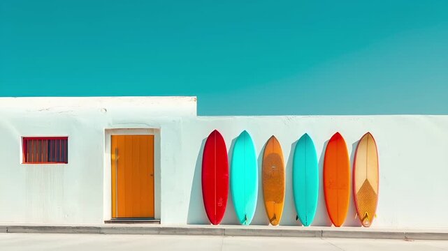 Aerial view of a white building with a row of colorful surfboards against a blue sky. The surfboards are of varying sizes and colors, including red, blue, yellow, and green.