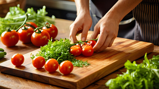 Chef's Hands Slicing Fresh Tomatoes & Herbs on Rustic Wood Cutting Board