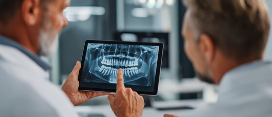Two people looking at dental x-ray on tablet
