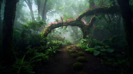 A vivid portrayal of a lush, verdant forest with a misty ambiance. The main subject is a mosscovered tree trunk adorned with blooming pink flowers, set against a backdrop of dense green foliage.