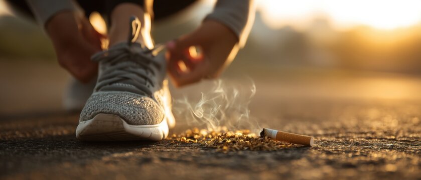 Smoking cigarette butt and running shoe on asphalt at sunrise