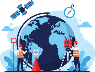 Geodesy illustration—surveyors with total station, leveling rod, globe, satellite, compass, and ladder