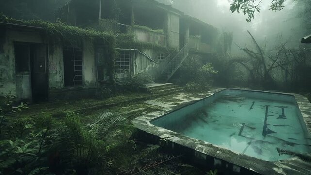 Destroyed ruins abandoned buildings apocalypse scene of city. A moody, atmospheric photograph of an old, dilapidated house amidst a dense forest.