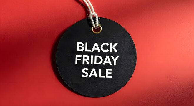 Black friday sale circular price tag with white text on vibrant red background for retail advertising
