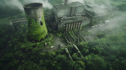 Destroyed ruins abandoned buildings apocalypse scene of city. Aerial view of a dilapidated industrial facility amidst a dense forest, with smoke billowing from its chimney.