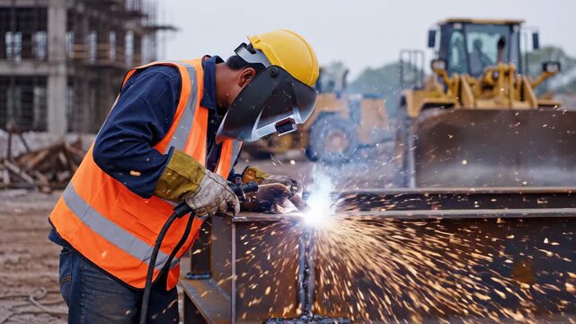 Skilled welder in high-vis vest works on metal structure with sparks flying on construction site