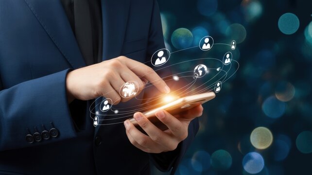 A professional user interacts with their smart phone, surrounded by digital connection icons. The image embodies the modern business world.