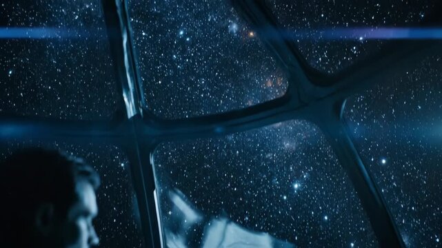 Astronaut monitoring holographic displays in spaceship cockpit. Man observing starry space through window during mission. Sci-fi exploration footage in futuristic vessel.