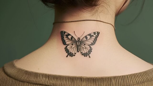 A closeup of a persons neck and upper back, with a butterfly tattooed on the neck. The butterfly is black and white, with intricate patterns on its wings. The person is wearing a gold necklace.