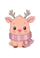 Cute reindeer illustration with pastel winter scarf Christmas art