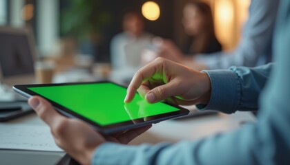 Engaged professional using a tablet in a modern office setting