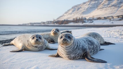 Arctic seals resting on snowy beach, snowy mountain range background, idyllic winter scene