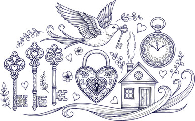 Hand-Drawn Vintage Love and Home Elements, Featuring a Flying Bird with a Key, Heart Padlock, Ornate Skeleton Keys, Small House, and Pocket Watch, Engraving Style Vector Illustration.