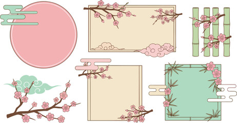 Traditional East Asian Frame Vector Set, Featuring Pink Sakura Blossom Branches, Green Bamboo, Stylized Clouds, and Pink Sun Circle, Perfect for Japanese or Chinese New Year Card and Banner Templates.