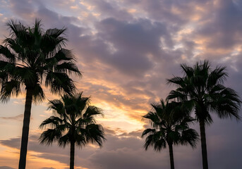 Obraz premium Palm trees silhouetted against a beautiful, colorful sunset sky