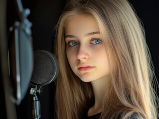 Young girl recording a podcast in a professional studio
