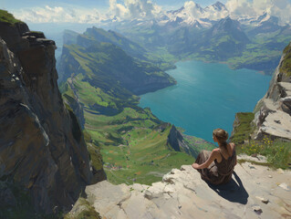 Naklejka premium Woman contemplating breathtaking lake view from mountain cliff