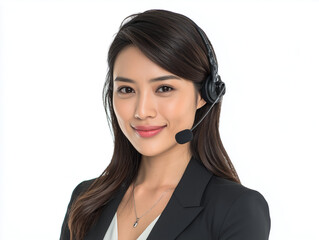 Smiling young asian woman wearing headset providing customer service