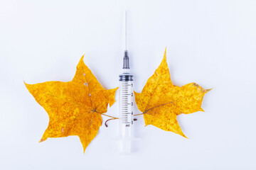 Autumn maple leaf and syringe with vaccine on white background. Vaccination against colds..