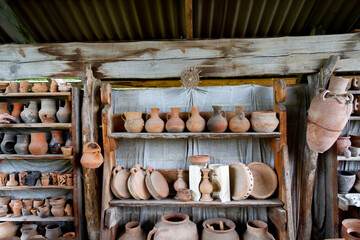 Exhibition of pottery. Pottery. Set of clay pots. The ancient art of making pottery..