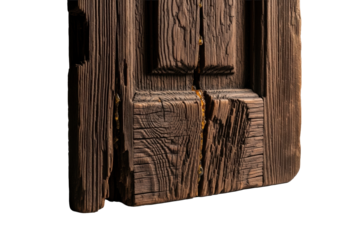 Aged wooden saloon door panel, dark rich brown with deep fissures, dramatic splinter, and amber resin, macro photography on transparent background, concept of natural decay and texture
