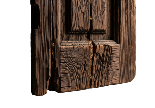 Aged wooden saloon door panel, dark rich brown with deep fissures, dramatic splinter, and amber resin, macro photography on transparent background, concept of natural decay and texture