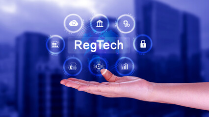 Regtech, Regulatory technology concept, management of regulatory processes with financial industry through technology, Regulatory monitoring, reporting and compliance, Machine learning tech.