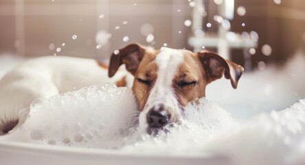 Small brown and white dog sleeping in a white bathtub filled with bubbles. Relaxation and pet care concept.
