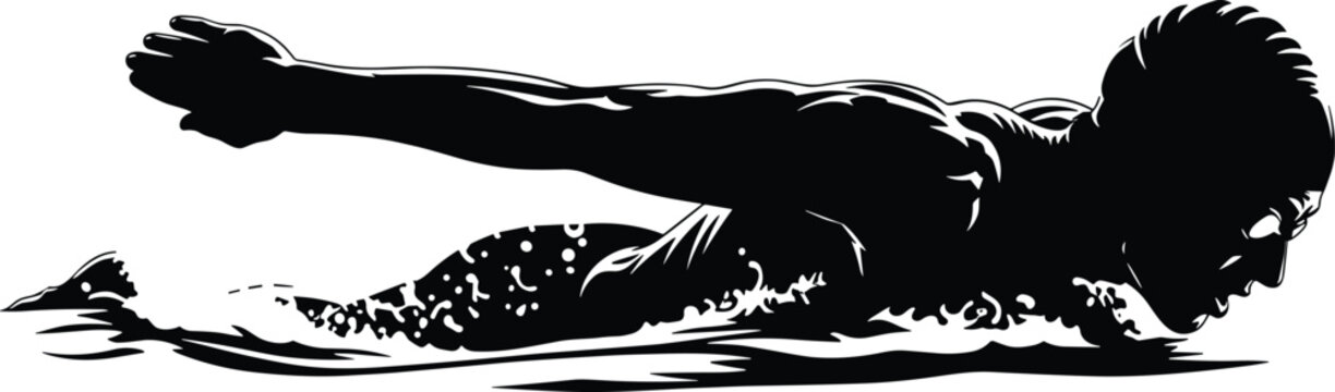 Black and white graphic of a swimmer in water swimming, swimmer, swimming, water, sport, athletic, action, movement, black and white, graphic, illustration, silhouette, splash, waves, pool, competitio
