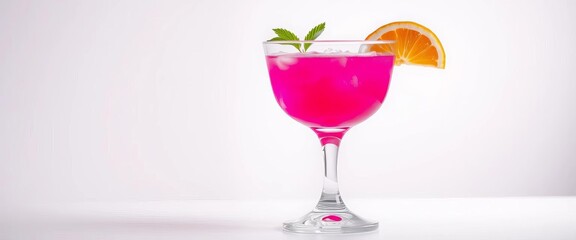 Vibrant pink cocktail in a stemmed glass, isolated,  delicious,  beverage