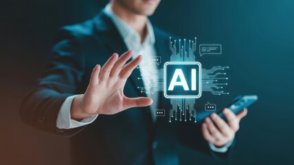 Man interacting with artificial intelligence. The person has a hand extended toward a glowing AI interface, holding a phone. This image represents technology and innovation