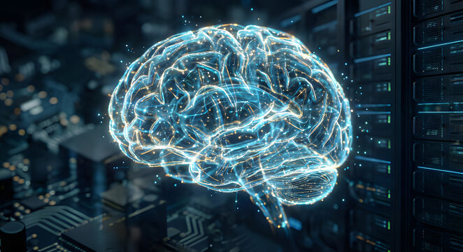 Futuristic Artificial Intelligence Brain with Glowing Data Flows and Neural Networks