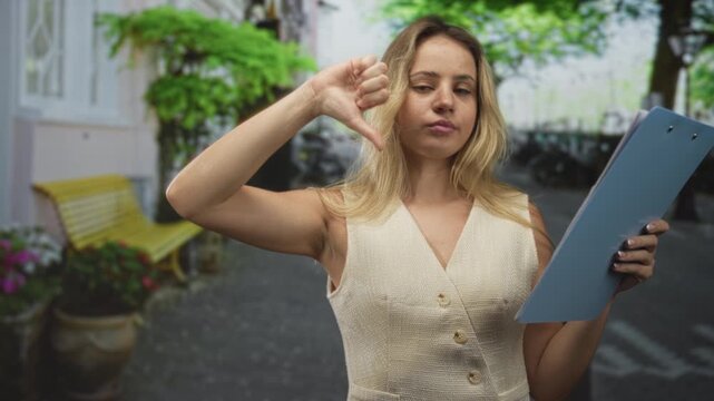 Woman holding clipboard shows thumbs down gesture on street beside yellow bench; disapproval decision.