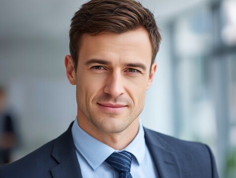 Confident businessman smiling in a corporate office setting