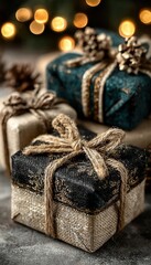 Beautifully wrapped Christmas gifts with bows and ribbons placed under a decorative pine tree with festive bokeh lights