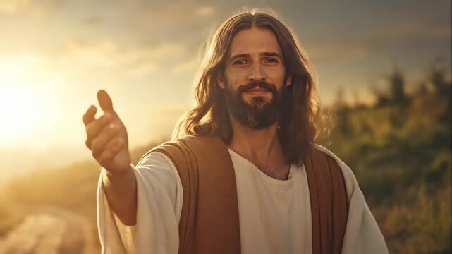 Man with a beard and long hair extending hand, smiling, evoking hope and divine invitation in sacred moments of christianity