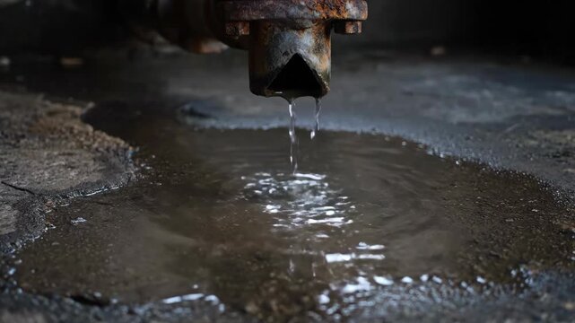 Water drips steadily from a rusty pipe onto wet pavement, creating ripples in a puddle for a slow motion video.