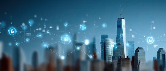 Waterfront landscape features digital security symbols and a padlock, illustrating the blend of nature and technology at sunrise